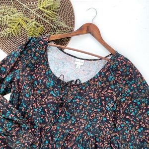 Ava & Viv Womens Shirt Blouse Black Multicolor Ditzy Floral Tie Front Size 1X